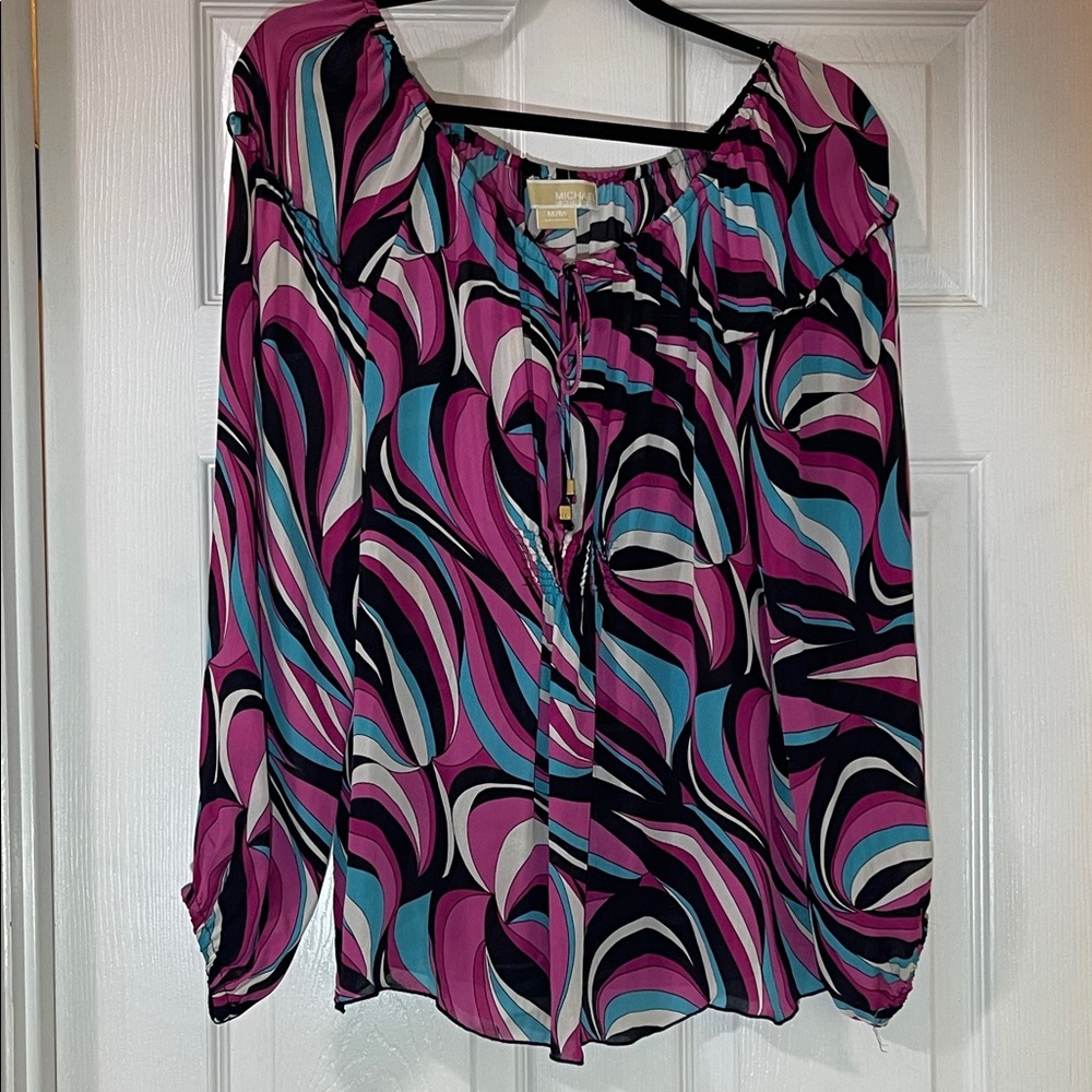 MICHAEL Michael Kors Pink and Teal Swirl  100% Silk Sheer Blouse